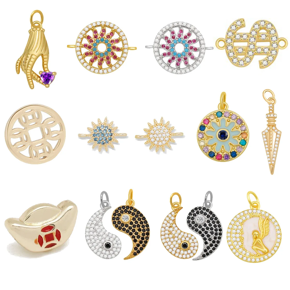 

Zircon Gold Plated Money Symbol Hand Round Angel Tai Chi Charm Pendant For Necklace Bracelet DIY Making Jewelry Accessories Gift