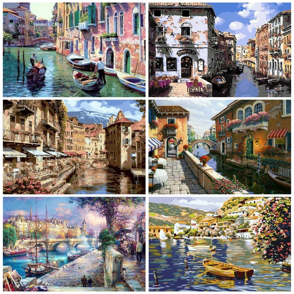 

AZQSD Painting By Numbers City Coloring By Numbers Landscape Frameless Arcylic Oil Painting Hand Paint Kit Canvas Home Decor