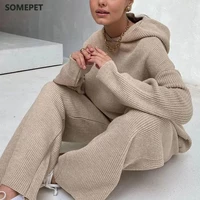 spring casual fashion solid hooded tops and wide leg pants suit women elegant knitted rib two piece sets lady streetwears