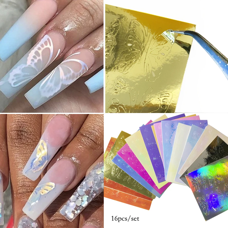 

6 шт./16 шт., голографические 3D-Наклейки для ногтей