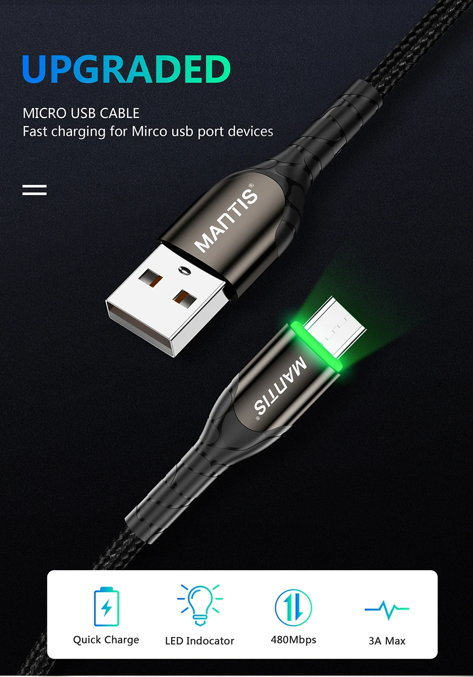 MANTIS 3 м 2 м светодиодный кабель Micro Usb для samsung Xiaomi 3A Быстрая зарядка зарядное устройство через Micro Usb Android мобильный телефон кабель для передачи данных