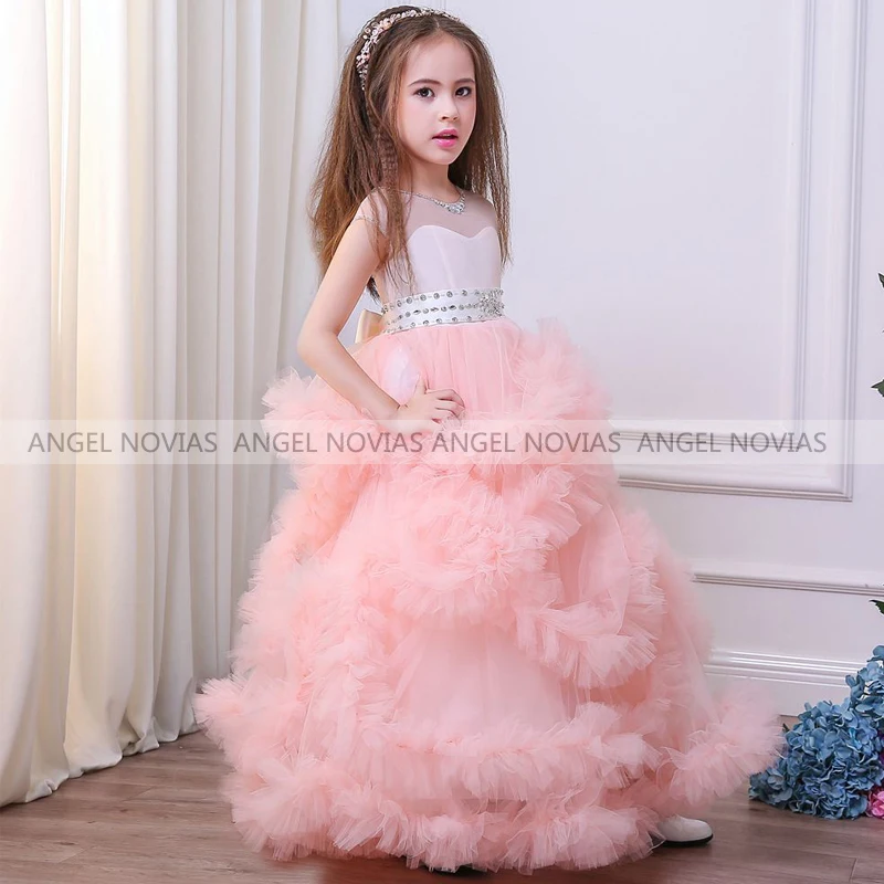

ANGEL NOVIAS Long Ball Gown Princess Pink Flower Girl Pageant Dresses 2021 Ruffles Tulle Children Gown Robe De Prince fille
