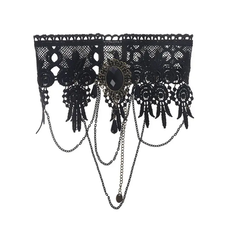 

Womens Gothic Style Black Chocker Necklace Chain Embroidered Lace Pendant Wedding Jewelry Punk Vintage Tassel Fake Collar Faux