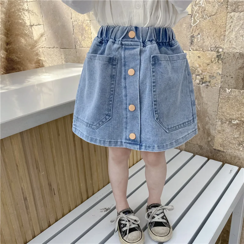 

Girls Denim Skirt 2020 Korean Children's Girls Summer New Denim Skirts Kids Girls Big Pocket Cowboy Skirt Baby Solid Skirts 2-7Y
