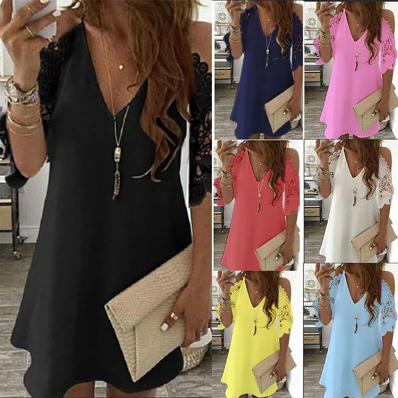 

Summer Suspender V-neck Dress New Style Hollow Sleeves Leisurely Dress Fashion Plus Size Ladies Mini Dress
