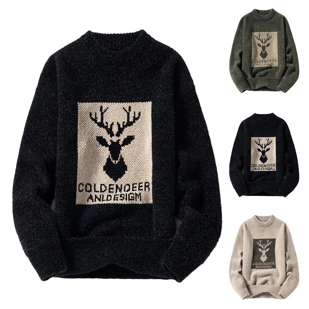 

Baggy Deer Print Sweater Mens Knitted Warmer Winter Pullover Jumper Long Sleeve Pullovers Casual Loose Tops Sweaters