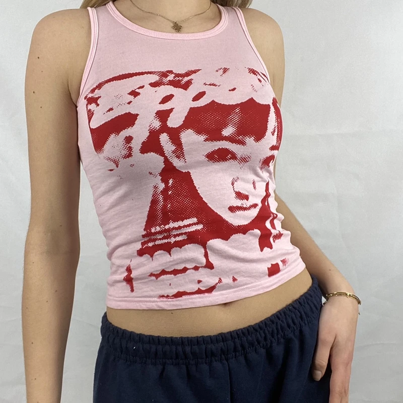 Gothic Emo Vintage Sleeveless Tank Top Face Graphic Printed Sweat Vest Y2K Aesthetic Harajuku Streetwear Women Slim Fit Crop | Женская