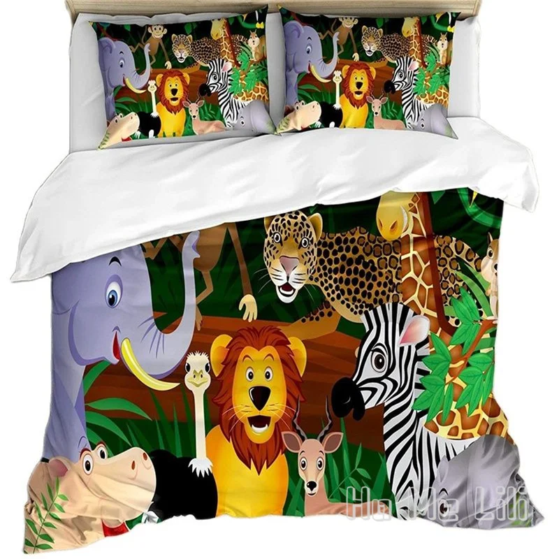 

Zoo By Ho Me Lili Duvet Cover Animals Jungle Funny Expressions Exotic Comic Cheer Natural Habitat Decorative Bedding Set