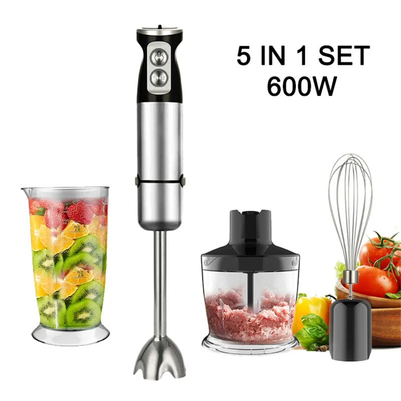 

5 IN 1 Stainless Steel Hand Blender Mixer 600W Immersion Mixer Chopping Bowl Shaker Glass Whisk Blender Cup Set