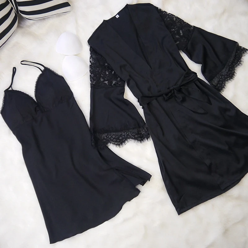 

2 piece winter sleep dress women Vintage nightgowns pyjama women sleepwear with lace Pajamas Sets Silk Nightwear Bathrobe pink