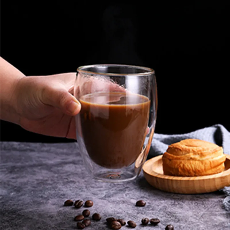 Стеклянная чашка с двойными стенками и кофейные кружки ручками термостойкая