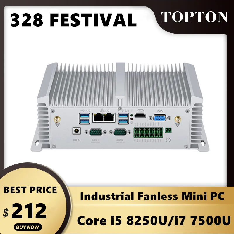 Промышленный мини ПК без вентилятора Intel Core i5 8250U i7 7500U 2 * DDR4 Lans настольный