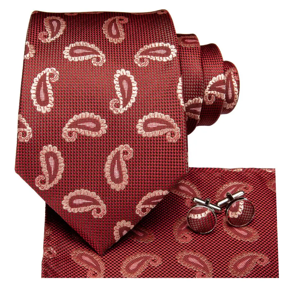 SN-3124 Hi-Tie 8.5cm Silk Men Tie Paisley Coral Red Necktie for Classic Party Wedding Pocket Square Cufflinks Luxury Set | Аксессуары
