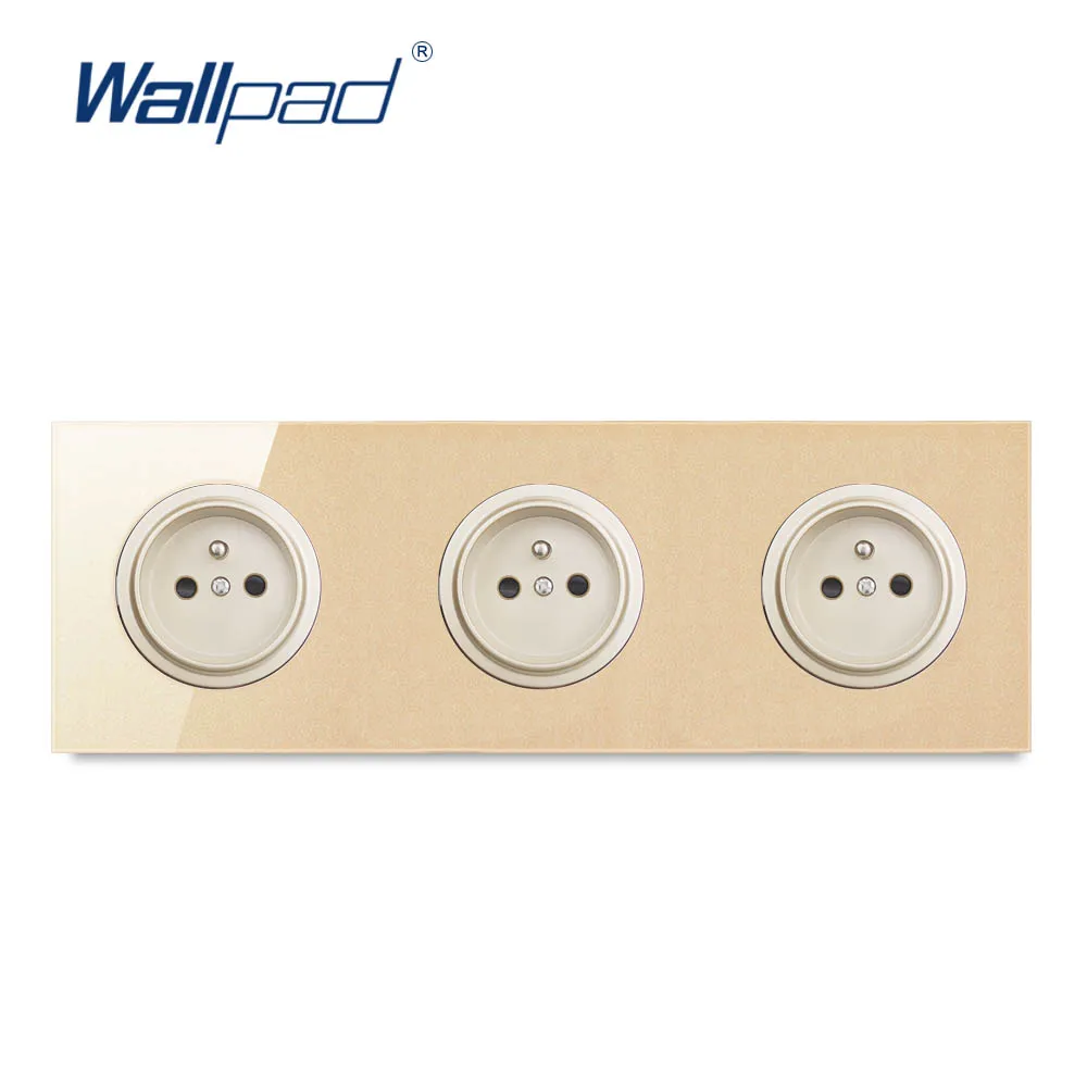 

Wallpad Тройная Европейская французская настенная розетка, Золотая стеклянная панель с заземлением с защитным замком для детей