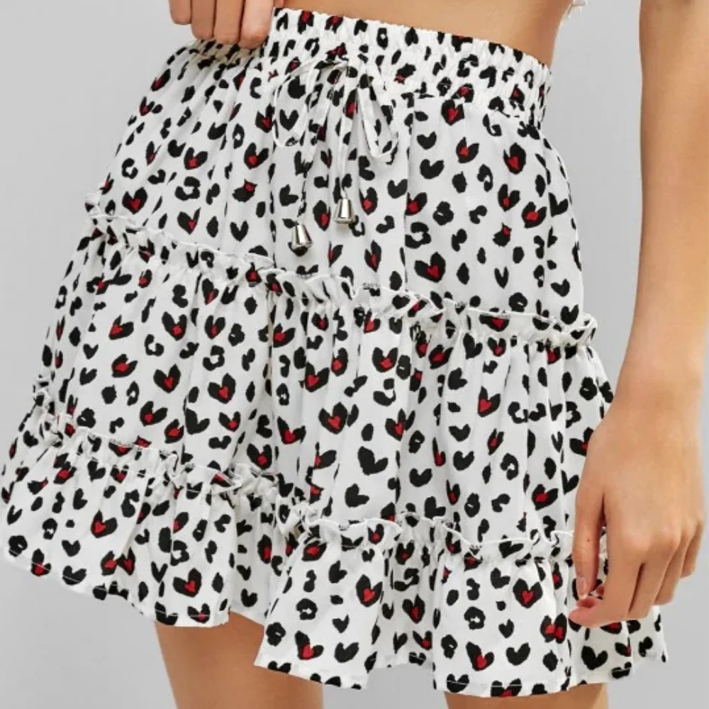 

Missme Floral Ruffles Mini Skirt Boho Beach Elastic High Waist Short A-line Skirt Three Layer Streetwear Skirts Women 2021