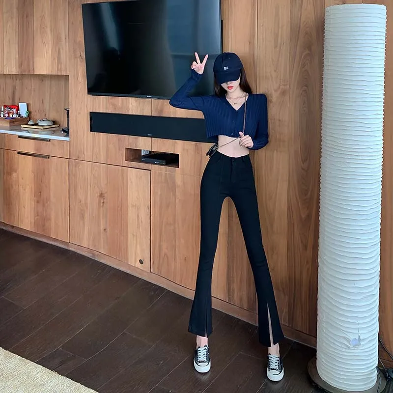 

Autumn 2020 New Korean Style High Waist Slimming Slit Jeans Elegant Slim Fit All-Match Bootcut Trousers Cropped Pants for Women