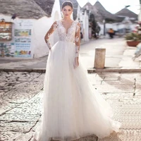 elegant wedding dresses v neck long sleeve lace appliques tulle a line sweep train beach bridal gowns robe de mari%c3%a9e custom made