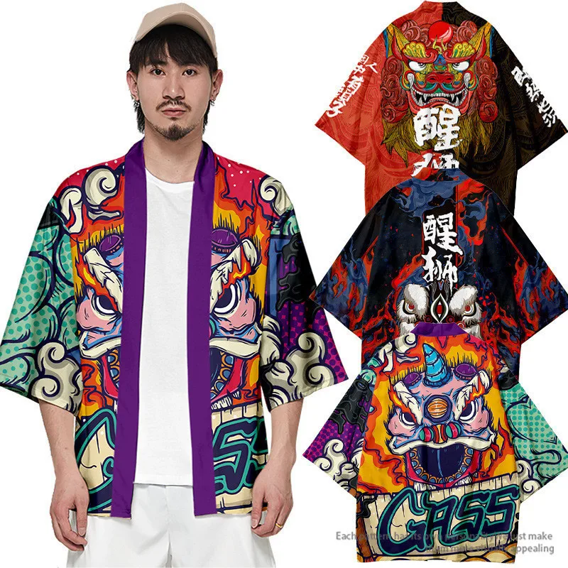 

Men Woman 2020 Japanese Cardigan Cosplay Shirt Blouse for Women Yukata Female Streetwear Lion Beach Traditional Kimono