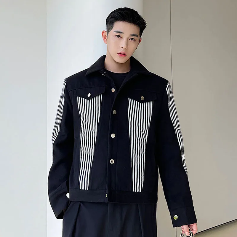 Autumn Winter Men Stripe Splice Wool Short Jacket Korean Streetwear Vintage Chic Fashion Loose Casual Design Coat Man Outerwear