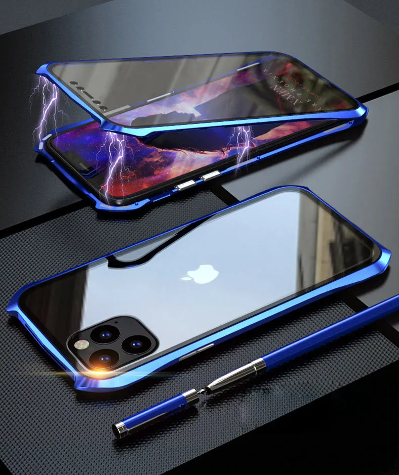 Blue Двухсторонний задний+ передний стеклянный Магнитный чехол для Apple iPhone 11 Pro Max Роскошный Алюминиевый металлический бампер 360 Защитный чехол с петлей - Цвет: Blue