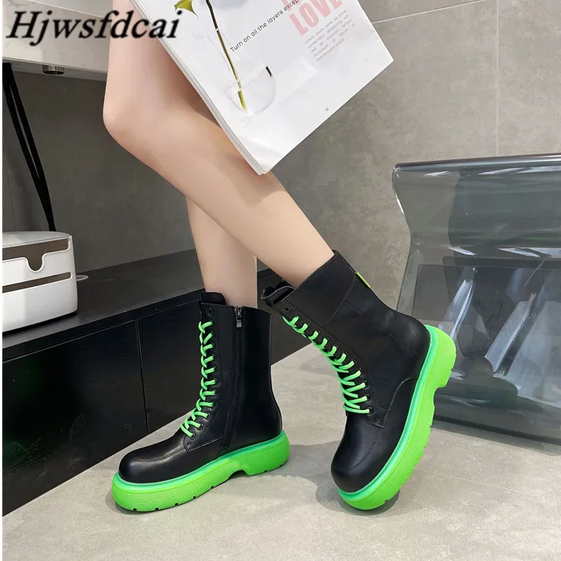

Hjwsfdcai 2021 New Autumn Winter Women's Ankle Boots Round Toe Zipper Lace Up Riding Boots Casual Non-Slip Platform Shoes 35-40