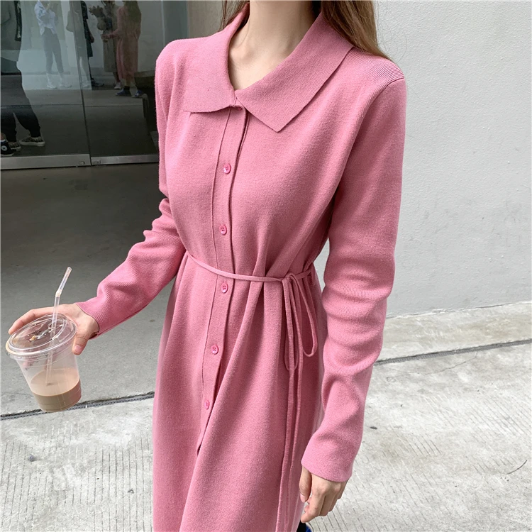 

Autumn Winter New Women Knitted Long Dress Korean Style Fashion Turn-down Collar Long Sleeve Tunic Knit Dresses