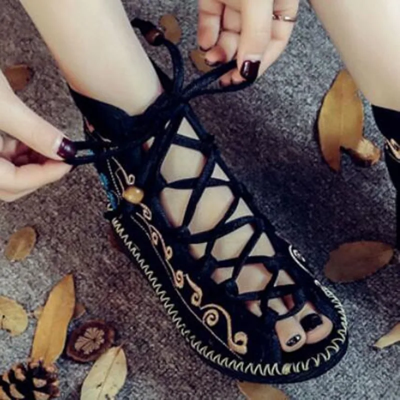 

Summer Women Cross-Tied Open Toe Sandals Rome Style Ladies Vintage Embroidered Low Heeled Beach Shoes Ethnic Gladiator Sandal