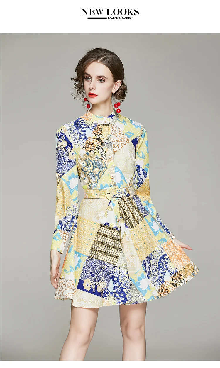 

Vintage Printed Women Stand Collar Large Size Mini Dress 2020 Autumn Womans Single-breasted Long Sleeve Runway Belt Midi Dress