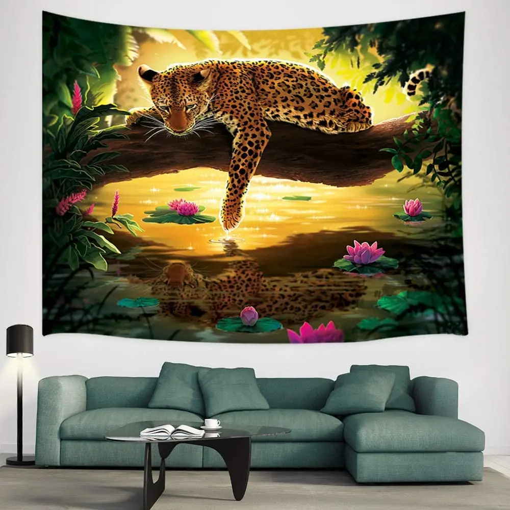 

Animals Tapestry Green Tropical Forest Jungle with Jaguar Big Cats Wild Leopard Tapestries Wall Hanging Bedroom Living Room Dorm