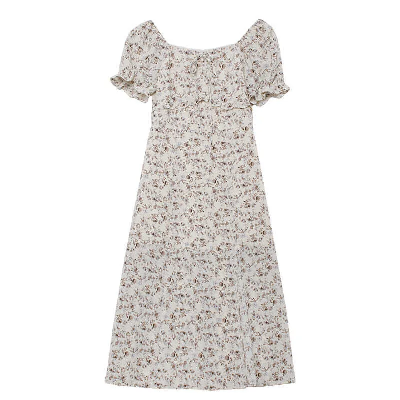 

French puff sleeve floral split elegant dress female waist slimming mid-length skirt 2021 summer Korean fashion women's clothing