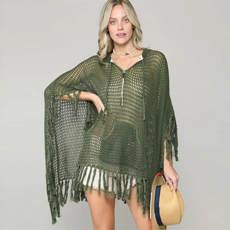 

[NODELAY]2021 New Cover Up Beach Women Swimwear Hollow Crochet Bikini Cover Ups Loose Tassels Pareos Dolman Sleeve Beachwear