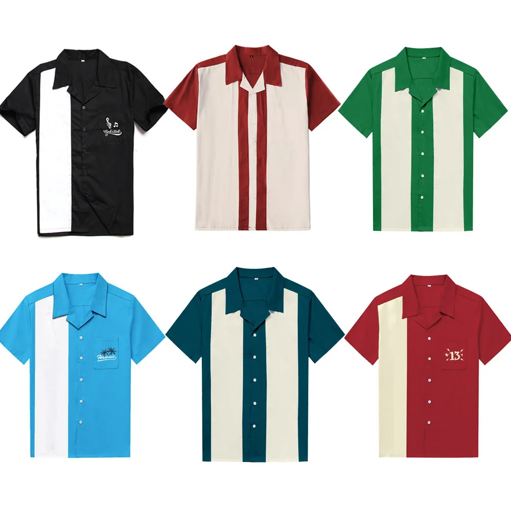

2021 Patchwork Plus Size Men Shirt Short Sleeve Black Red Solid Rockabilly Bowling Cotton Casual Shirts for Men Camisa Masculina