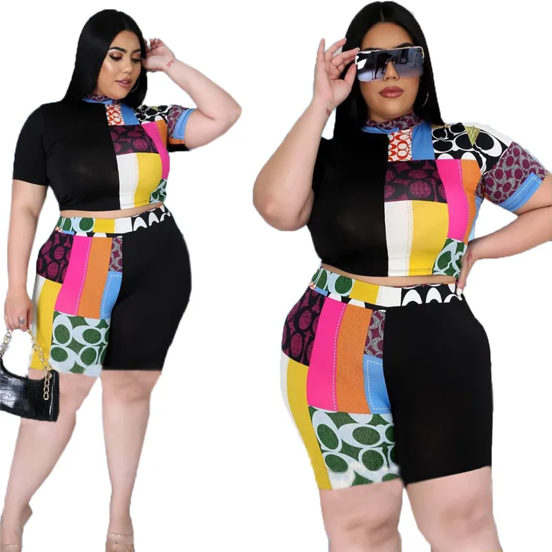 

Plus Size Shorts Women Sets Wholesale Two Piece Set Biker Matching Set Patchwork Crop Top and Pants Tracksuit 2021 Dropshipping