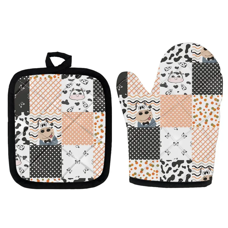 

2 pcs Cartoon Pot Holder Mitts and Mats Cute Milk Cow Pattern Baking Set Kitchen Accessories Cute Heat Resistant Microwave Glove