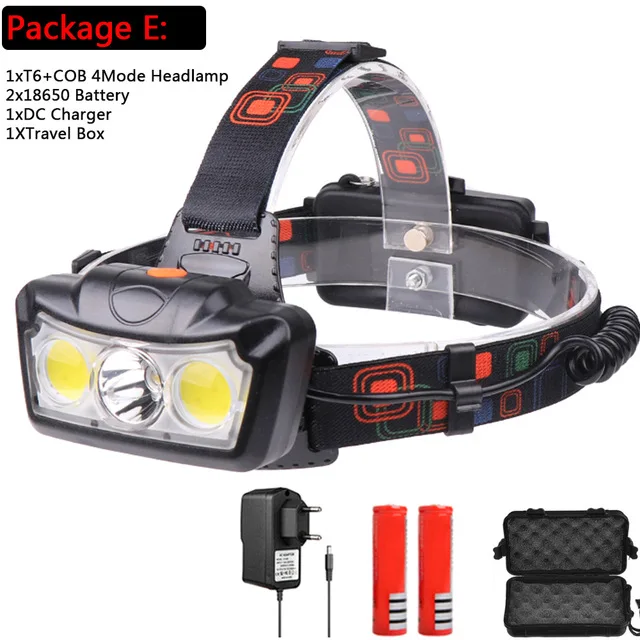 packet E Pocketman 30000LM светодиодный налобный фонарь T6+ COB светодиодный головной фонарь, фонарик, головка фонаря, лампа для использования 18650 аккумулятора для кемпинга - Испускаемый цвет: packet E