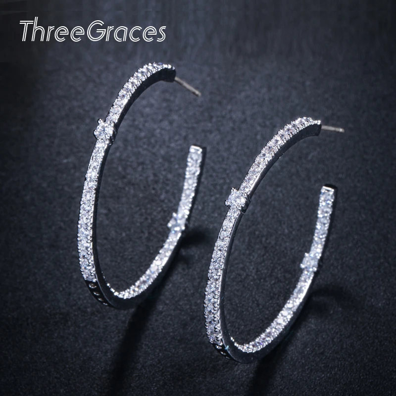 Threegraces, элегантные вечерние ювелирные изделия из серебра 925 пробы, микро инкрустация кубическим цирконием, большие круглые серьги-кольца для женщин E0036