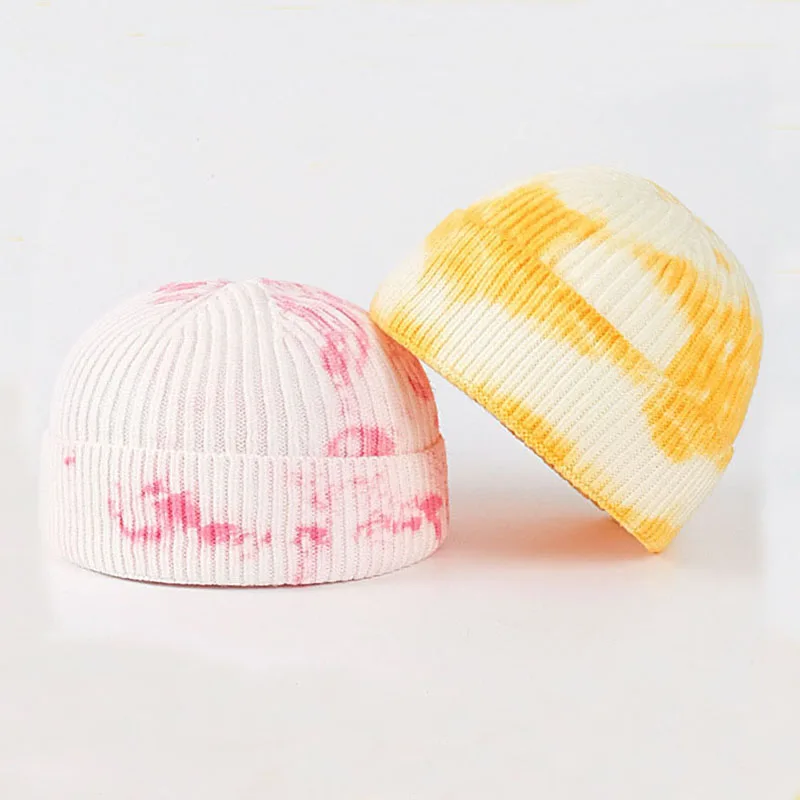 Шапка унисекс шерстяная вязаная без косточек с принтом тай-дай зимняя