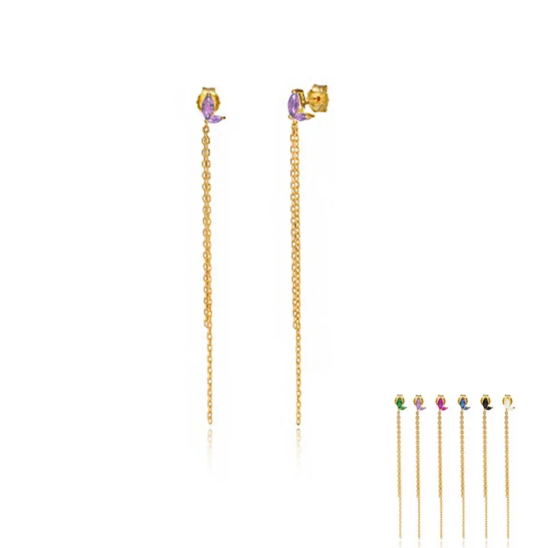 

Sterling Silver Green/White/Black/Purple Two Leaves Zircon Stud Earrings for Women Simple Gold Chain Earrings серьги Korean