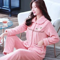 autumn and winter new trend fashion thickening plus velvet warm home clothes flannel solid color loose long sleeved pajamas