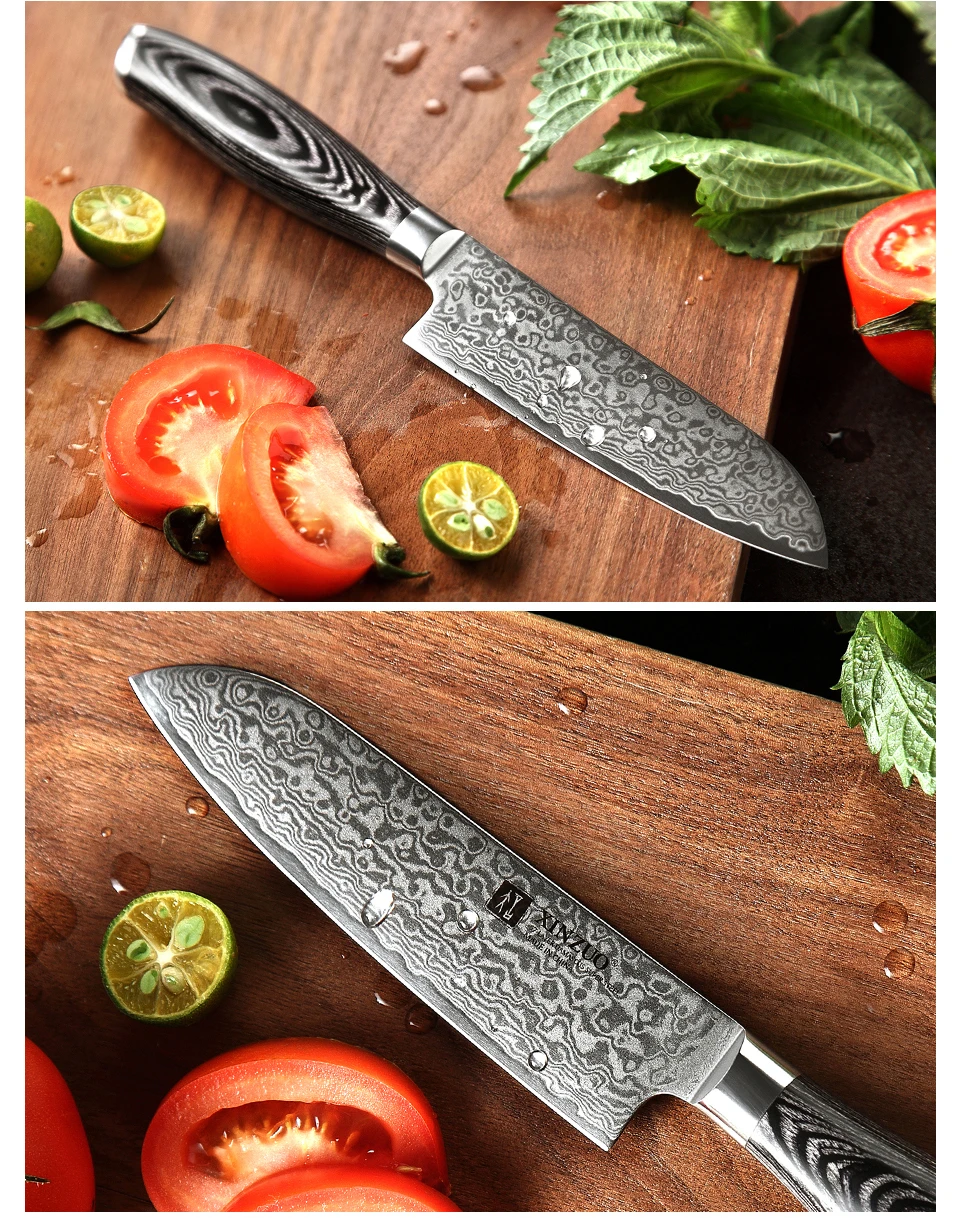 XINZUO 5 дюймов нож Santoku японский 67 слоев Дамасские кухонные ножи VG10 стальной нож повара кованая сталь Pakka деревянная ручка