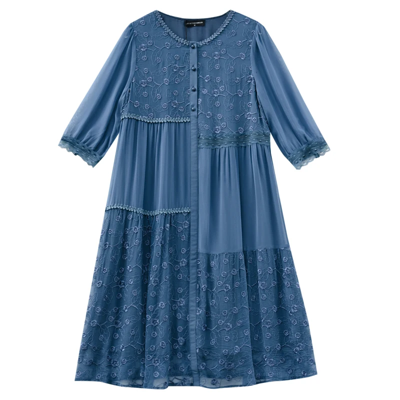 

COIGARSAM Women Long Dress Spring Summer 2021 New Casual Three Quarter Sleeve Silk Embroidery O-Neck Design And Color Dresses