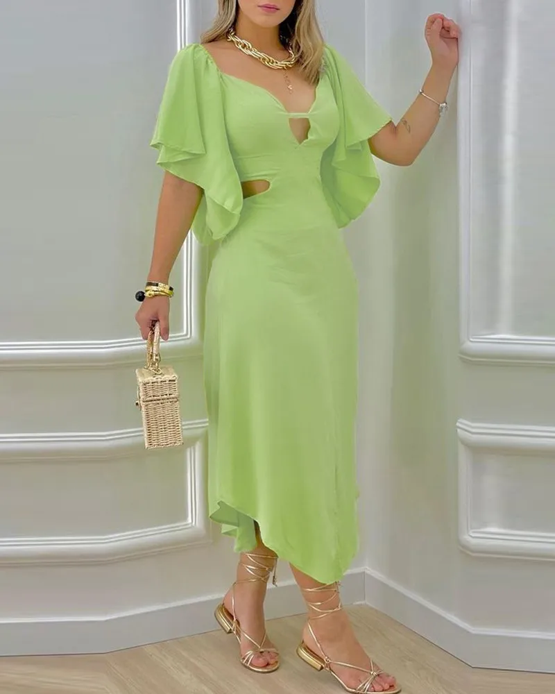 

Long Dress Women Knotted Backless Cutout Waist Ruffles Sleeve Casual Dress