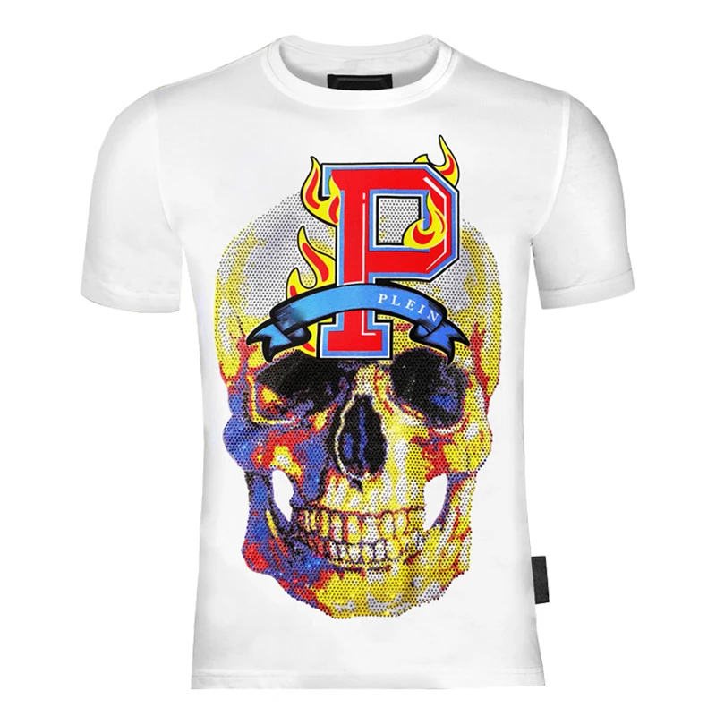

2022 short sleeve t-shirt men's skull P inlaid diamond signature PP fashion pure cotton summer round neck top plein