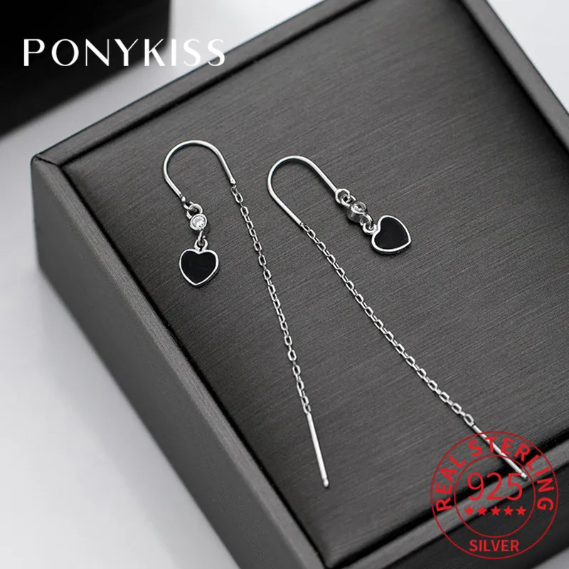 PONYKISS 100% 925 пробы серебро циркон черное сердце висячие серьги женские шикарные
