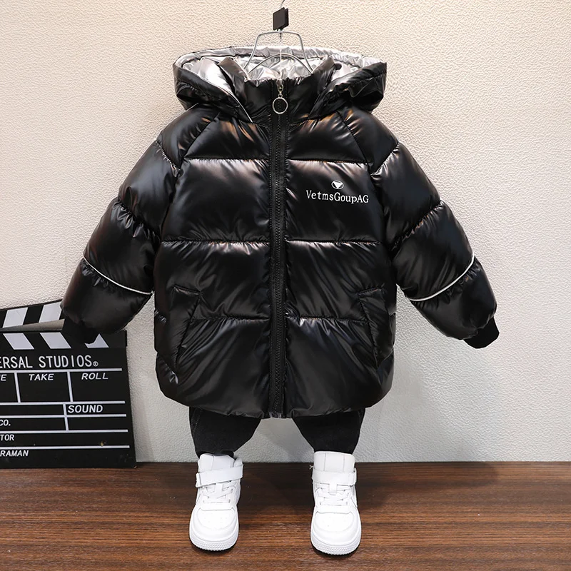 

2021 boy Winter Thick Warm clothing Fashion Hooded parka Girls Sport Coat Kids Shiny Down cotton Jacket Casual Clothes snowsuit