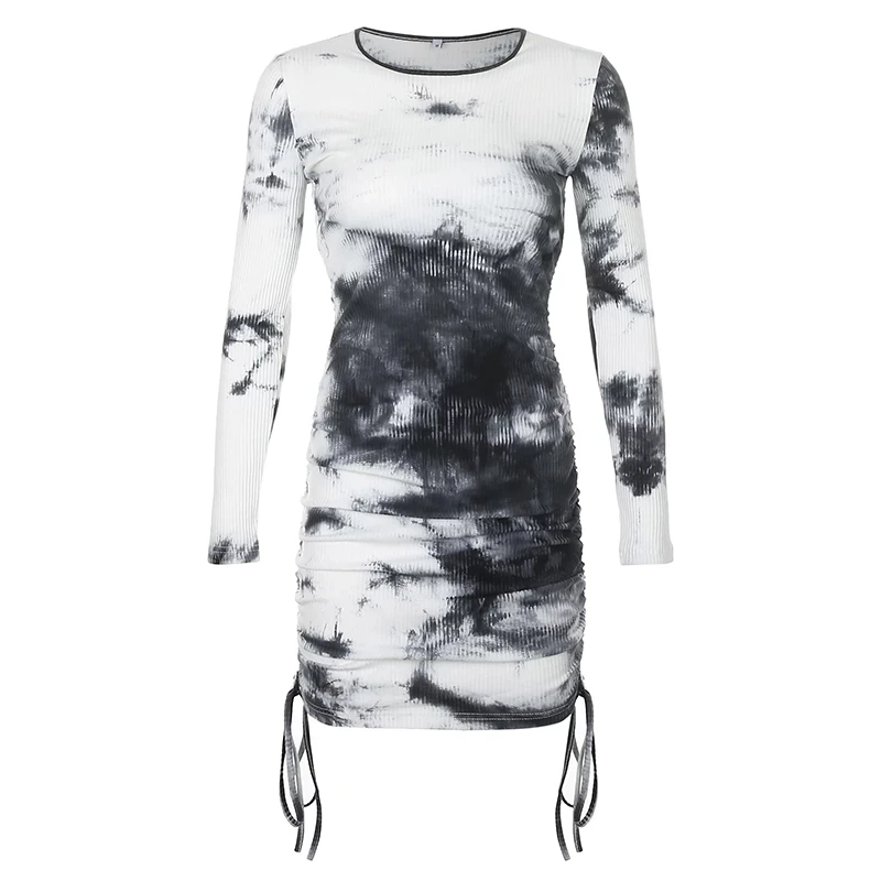 

YICIYA Autumn Winter Tie Dye Mini Dress Sexy O Neck Short Drawstring Long Sleeve Vintage Party Club Bodycon Women Dress