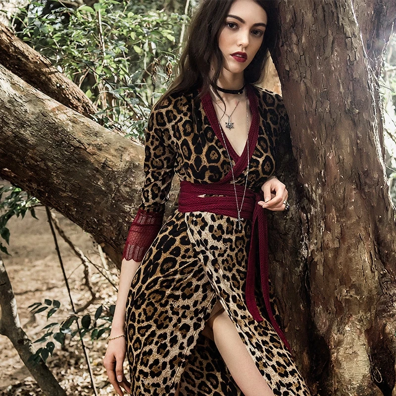 Сексуальное пляжное платье 2019 Новое Осеннее женское винтажное леопардовое с