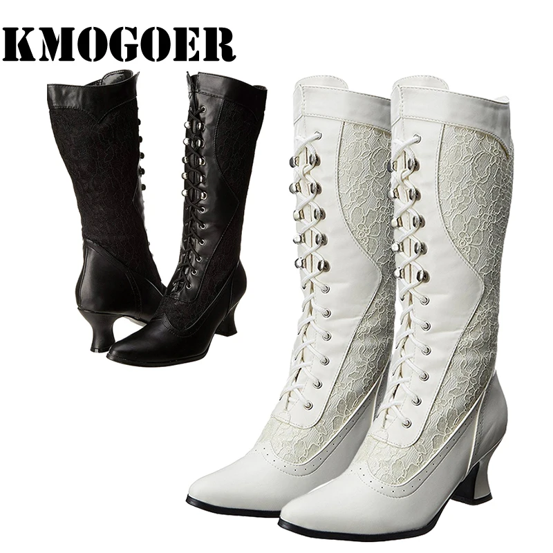 KMOGOER/осенне зимние женские сапоги до середины икры на шнуровке с каблуком низком