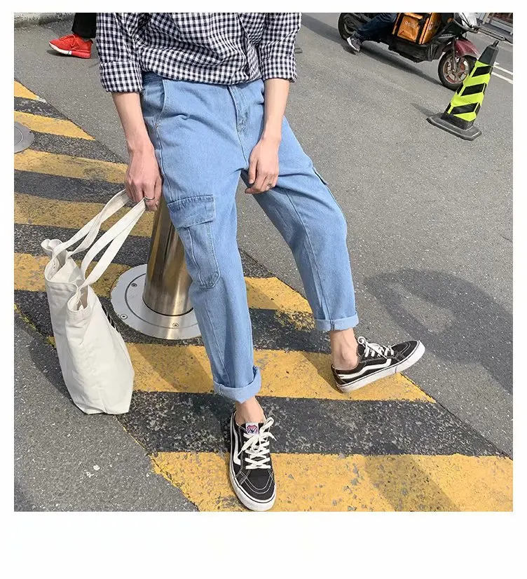 

men's straight denim hip hop casual street jeans pants brand spring autumn 2020 light loose fall simple ankle length pants