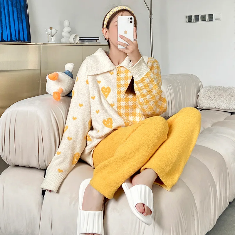 저렴한 가을 겨울 따뜻한 잠옷 캐주얼 여성 잠옷 세트 라운지 착용 부드러운 두 조각 셔츠 & 바지 느슨한 Nightwear 친밀한 란제리